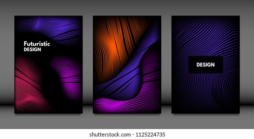 Abstract Wave Shapes. Cover Design Templates Set with Vibrant Gradient and Volume Effect in Futuristic Style. Vector Abstraction with Distorted Lines. Abstract Wavy Shapes for Cover, Magazine, Poster.