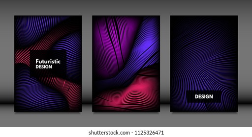 Abstract Wave Shapes. Cover Design Templates Set with Vibrant Gradient and Volume Effect in Futuristic Style. Vector Abstraction with Distorted Lines. Abstract Wavy Shapes for Cover, Magazine, Poster.