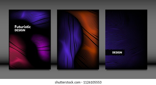 Abstract Wave Shapes. Cover Design Templates Set with Vibrant Gradient and Volume Effect in Futuristic Style. Vector Abstraction with Distorted Lines. Abstract Wavy Shapes for Cover, Magazine, Poster.