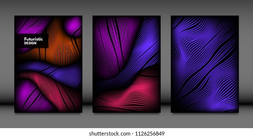 Abstract Wave Shapes. Cover Design Templates Set with Vibrant Gradient and Volume Effect in Futuristic Style. Vector Abstraction with Distorted Lines. Abstract Wavy Shapes for Cover, Magazine, Poster.