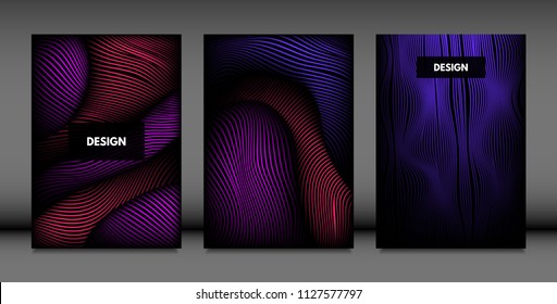 Abstract Wave Shapes. Cover Design Templates Set with Vibrant Gradient and Volume Effect in Futuristic Style. Vector Abstraction with Distorted Lines. Abstract Wavy Shapes for Cover, Magazine, Poster.
