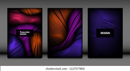 Abstract Wave Shapes. Cover Design Templates Set with Vibrant Gradient and Volume Effect in Futuristic Style. Vector Abstraction with Distorted Lines. Abstract Wavy Shapes for Cover, Magazine, Poster.