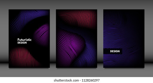 Abstract Wave Shapes. Cover Design Templates Set with Vibrant Gradient and Volume Effect in Futuristic Style. Vector Abstraction with Distorted Lines. Abstract Wavy Shapes for Cover, Magazine, Poster.