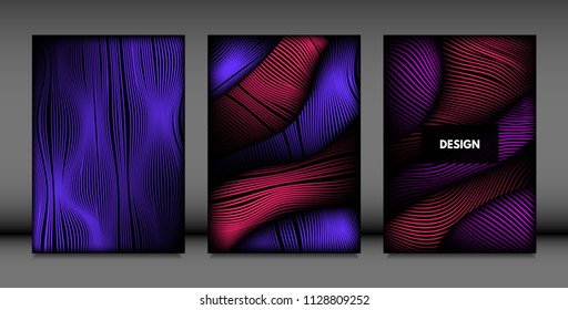 Abstract Wave Shapes. Cover Design Templates Set with Vibrant Gradient and Volume Effect in Futuristic Style. Vector Abstraction with Distorted Lines. Abstract Wavy Shapes for Cover, Magazine, Poster.
