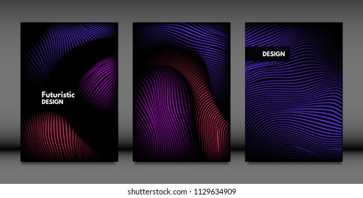 Abstract Wave Shapes. Cover Design Templates Set with Vibrant Gradient and Volume Effect in Futuristic Style. Vector Abstraction with Distorted Lines. Abstract Wavy Shapes for Cover, Magazine, Poster.