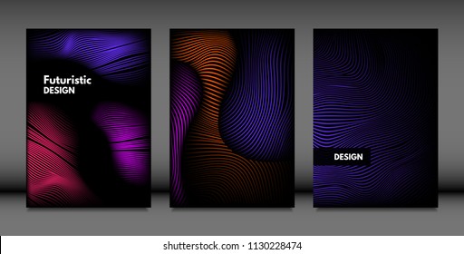 Abstract Wave Shapes. Cover Design Templates Set with Vibrant Gradient and Volume Effect in Futuristic Style. Vector Abstraction with Distorted Lines. Abstract Wavy Shapes for Cover, Magazine, Poster.
