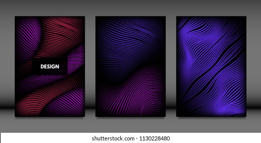 Abstract Wave Shapes. Cover Design Templates Set with Vibrant Gradient and Volume Effect in Futuristic Style. Vector Abstraction with Distorted Lines. Abstract Wavy Shapes for Cover, Magazine, Poster.