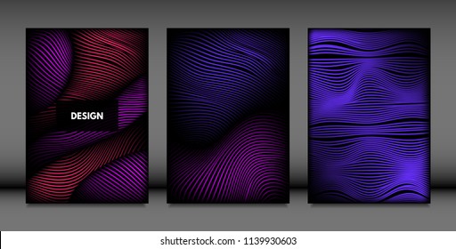 Abstract Wave Shapes. Cover Design Templates Set with Vibrant Gradient and Volume Effect in Futuristic Style. Vector Abstraction with Distorted Lines. Abstract Wavy Shapes for Cover, Magazine, Poster.