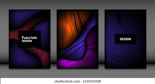 Abstract Wave Shapes. Cover Design Templates Set with Vibrant Gradient and Volume Effect in Futuristic Style. Vector Abstraction with Distorted Lines. Abstract Wavy Shapes for Cover, Magazine, Poster.