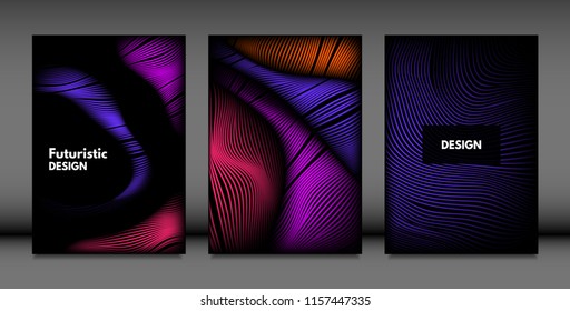 Abstract Wave Shapes. Cover Design Templates Set with Vibrant Gradient and Volume Effect in Futuristic Style. Vector Abstraction with Distorted Lines. Abstract Wavy Shapes for Cover, Magazine, Poster.