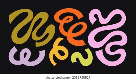 Abstract Wave Shapes and Funky Confetti Forms. Vector Geometric Collage Elements in Cartoon Style for Stickers, Badges, Posters, Web Design in Black Background