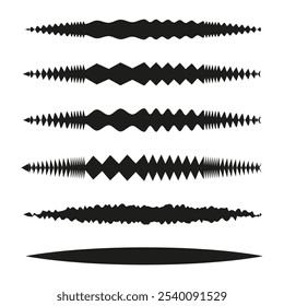 Formas de onda abstratas, ondas sonoras geométricas, desenho a preto e branco, conjunto de elementos gráficos.