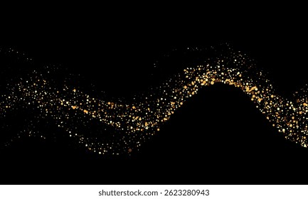 Abstract wave of shimmering golden particles flowing across a black background. Elegant festive vector ideal for luxury or celebration themes.