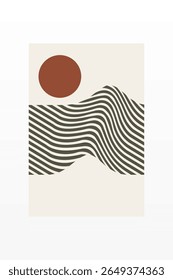 Abstract wave sun boho wall art. Flat mid century wall art decor