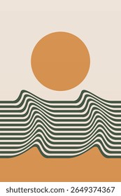 Abstract wave sun boho wall art. Flat mid century wall art decor