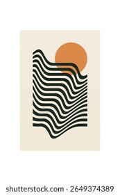 Abstract wave sun boho wall art. Flat mid century wall art decor