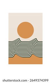 Abstrato onda sol boho parede de arte. Decoração de parede plana meados do século
