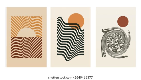 Abstrato onda sol boho parede de arte. Decoração de parede plana meados do século
