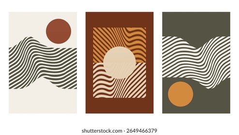 Abstract wave sun boho wall art. Flat mid century wall art decor