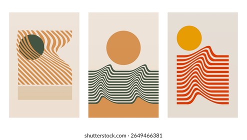 Abstract wave sun boho wall art. Flat mid century wall art decor