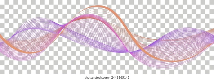 Abstrakter Wellenwirbel-Swoosh-Rand. Violette Sonnenaufgangsfarbe fließt. Dynamische gewellte verdrillte Linien, schillernder transparenter Luftwindschleier. isolierte Vektorillustration 