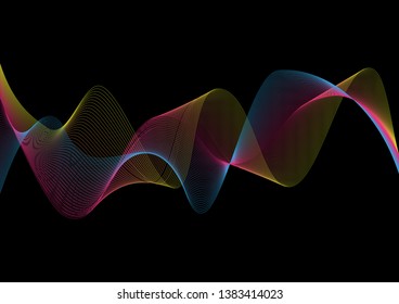 Abstract wave thin curved lines graphic background, wave curved on black background