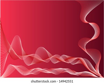 An abstract wave vector background illustration in shades of red on a darker background with room for text.