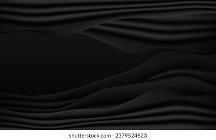 Abstract wave vector background smooth, luxury, black fabric silk satin texture. Elegant dark cover, banner, business card element.