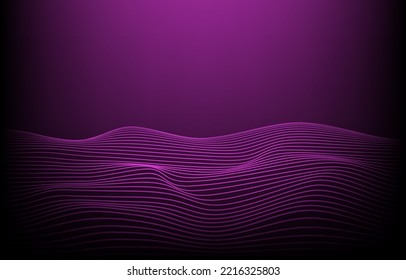 Abstract wave wavy glow line on gradient purple background. Design for wallpaper, backdrop, pattern, texture, background, textile, wrapping, clothing, art print. Vector illustration.