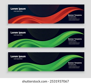 abstract wave web banner template with three color options, vector illustration
