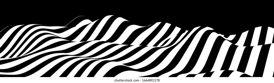 Ola abstracta de líneas curvas blancas y negras. Alucinación. Ilusión óptica. Ilustración torcida. Fondo futurista de líneas. Ola dinámica. Vector.