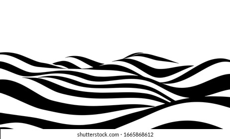 Abstract wave of white and black curved lines. Hallucination. Optical illusion. Twisted illustration. Futuristic background of lines. Dynamic wave. Vector.