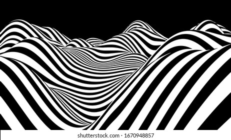 Abstract wave of white and black curved lines. Hallucination. Optical illusion. Twisted illustration. Futuristic background of lines. Dynamic wave. Vector.