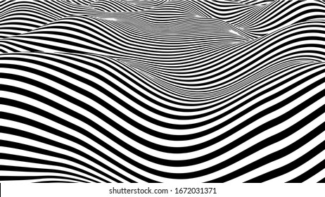 Abstract wave of white and black curved lines. Hallucination. Optical illusion. Twisted illustration. Futuristic background of lines. Dynamic wave. Vector.