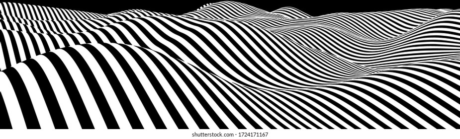 Abstract wave of white and black curved lines. Hallucination. Optical illusion. Twisted illustration. Futuristic background of lines. Dynamic wave. Vector.