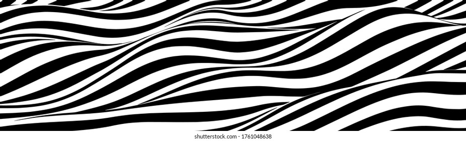 Abstract wave of white and black curved lines. Hallucination. Optical illusion. Twisted illustration. Futuristic background of lines. Dynamic wave. Vector.