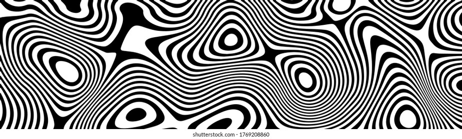 Abstract wave of white and black curved lines. Hallucination. Optical illusion. Twisted illustration. Futuristic background of lines. Dynamic wave. Vector.