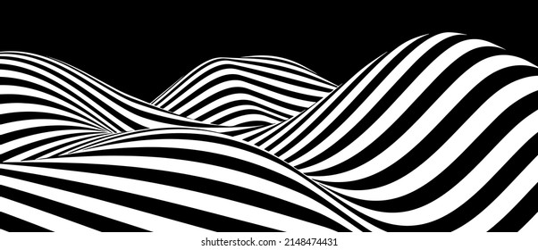 Abstract wave of white and black curved lines. Hallucination. Optical illusion. Twisted illustration. Futuristic background of lines. Dynamic wave. Vector.