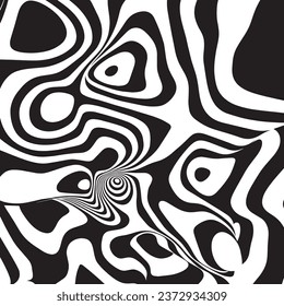 Abstract wave of white and black curved lines. Hallucination distorted lines backdrop. Optical illusion pattern. Twisted futuristic background of lines. Dynamic wave. Vector