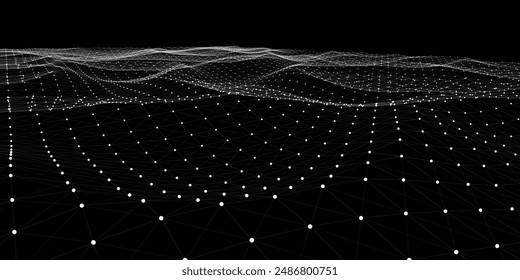 Estructura metálica de onda Abstractas con puntos y líneas en negro. Concepto de tecnología cibernética. Ilustración vectorial.