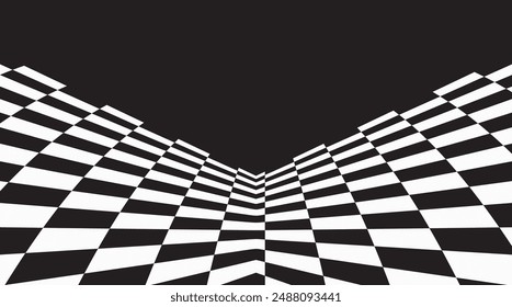 Abstract waved chess background. Warped texture with black and white squares. Trippy black and white checkered surface. Abstract monochrome backdrop