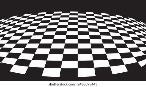 Abstract waved chess background. Warped texture with black and white squares. Trippy black and white checkered surface. Abstract monochrome backdrop