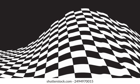 Abstrakter gewellter Schachhintergrund. Verzogene Textur mit schwarzen und weißen Quadraten. Trippige schwarz-weiß karierte Oberfläche. Abstrakter einfarbiger Hintergrund