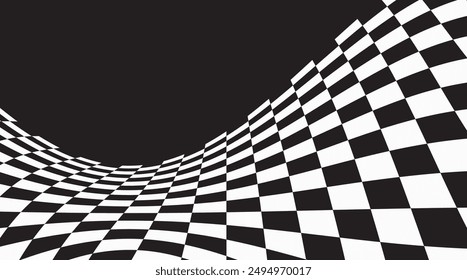 Abstract waved chess background. Warped texture with black and white squares. Trippy black and white checkered surface. Abstract monochrome backdrop