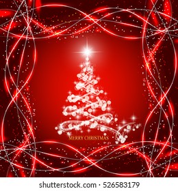 Abstract waves background with christmas tree, lines and stars. Vector illustration in red and white colors.