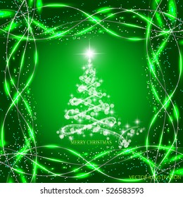 Abstract waves background with christmas tree, lines and stars. Vector illustration in green and white colors.