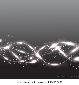 Abstract waves background with lines and stars. Vector illustration in grey colors.