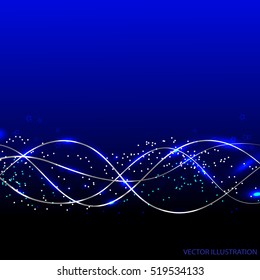 Abstract waves background with lines and stars. Vector illustration in blue colors.