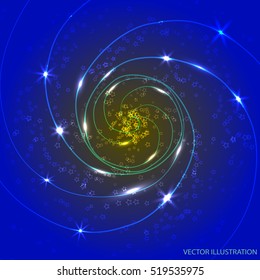 Abstract waves background with lines and stars. Vector illustration in blue colors.