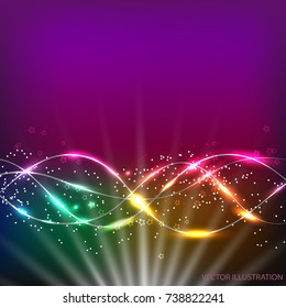 Abstract waves background with lines and stars. Illustration in different colors with flashes. Vector illustration.
